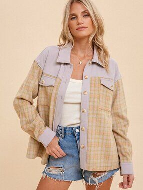 Hem & Thread Plaid Shacket Jacket Pastel Lilac Pink Oversized Button Front